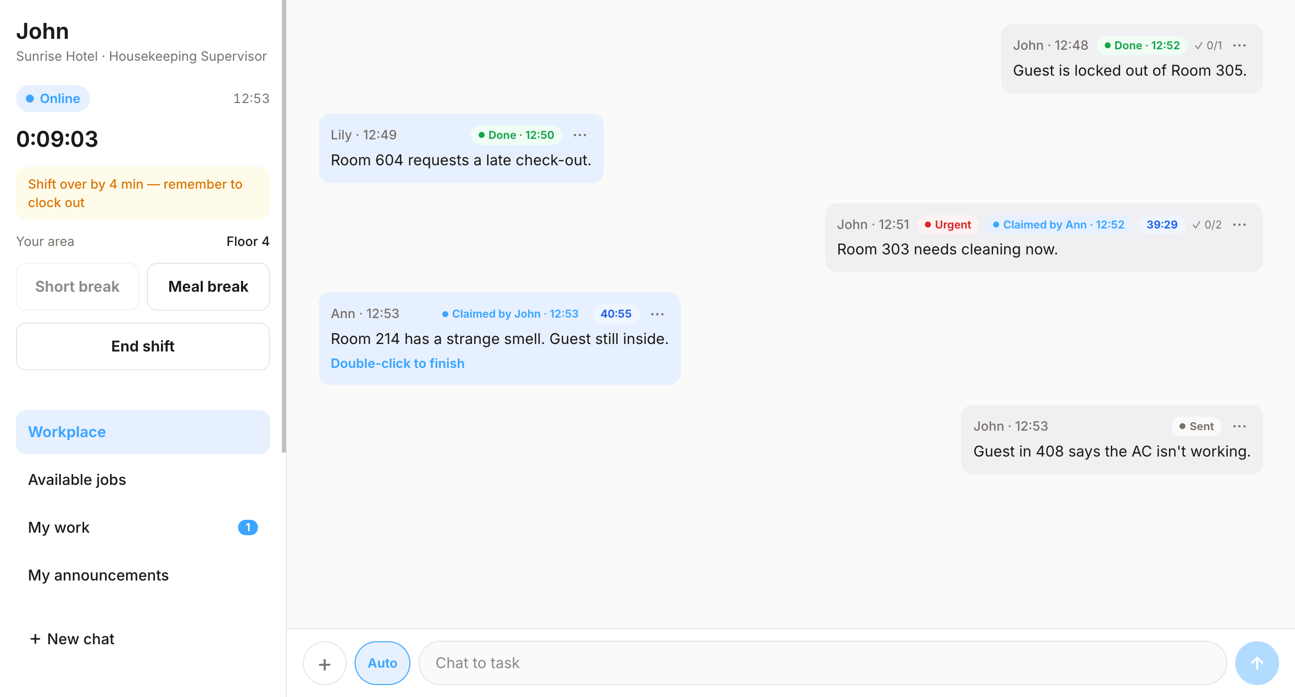 WhoanAi app — housekeeping shift chat with tasks like room cleaning requests, guest issues, and maintenance handovers