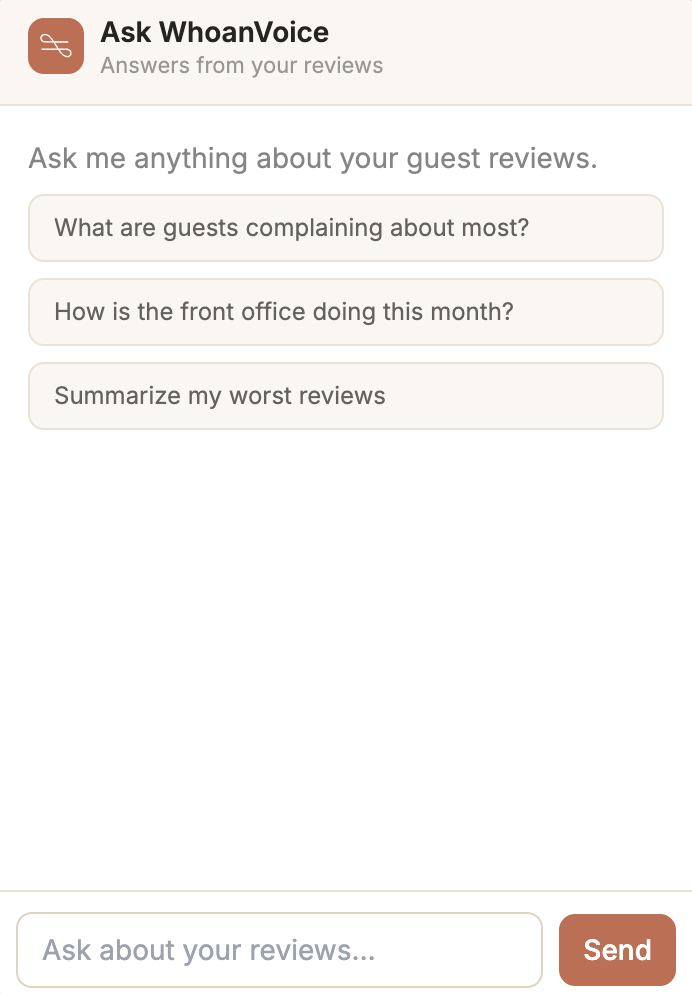 Ask WhoanVoice — AI chat that answers questions from your guest reviews