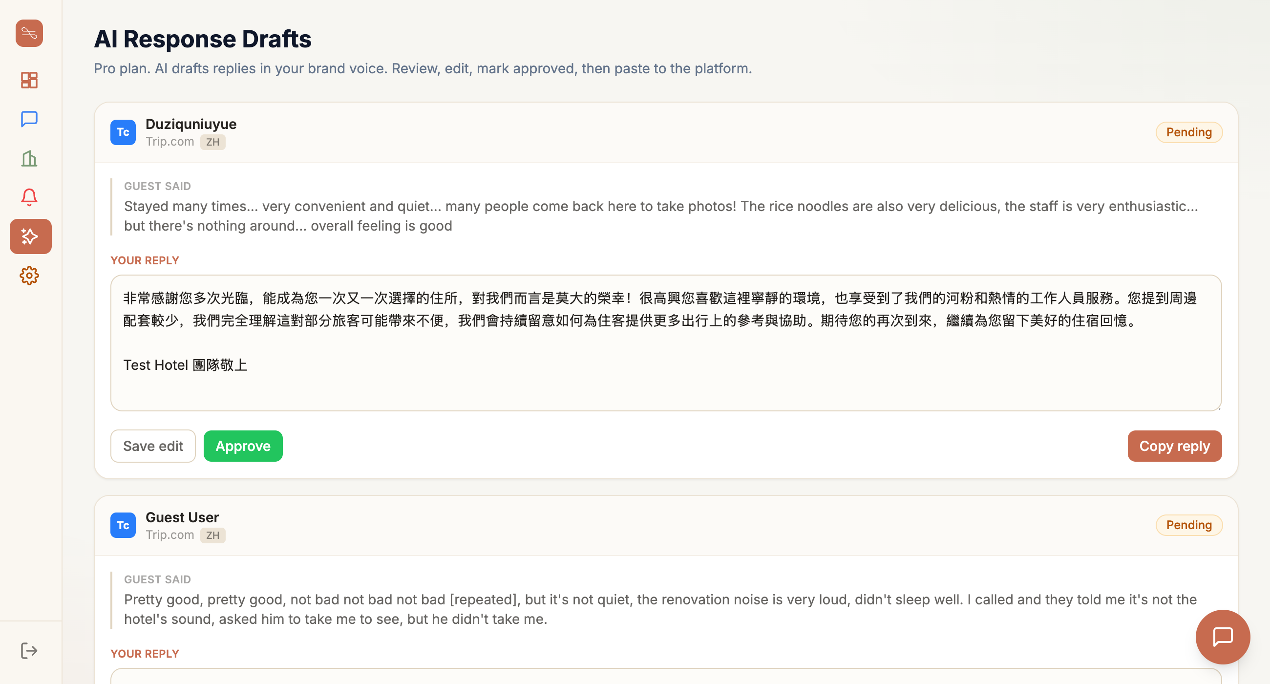 AI Response Drafts — a guest review with a ready-to-approve reply drafted in the guest's language