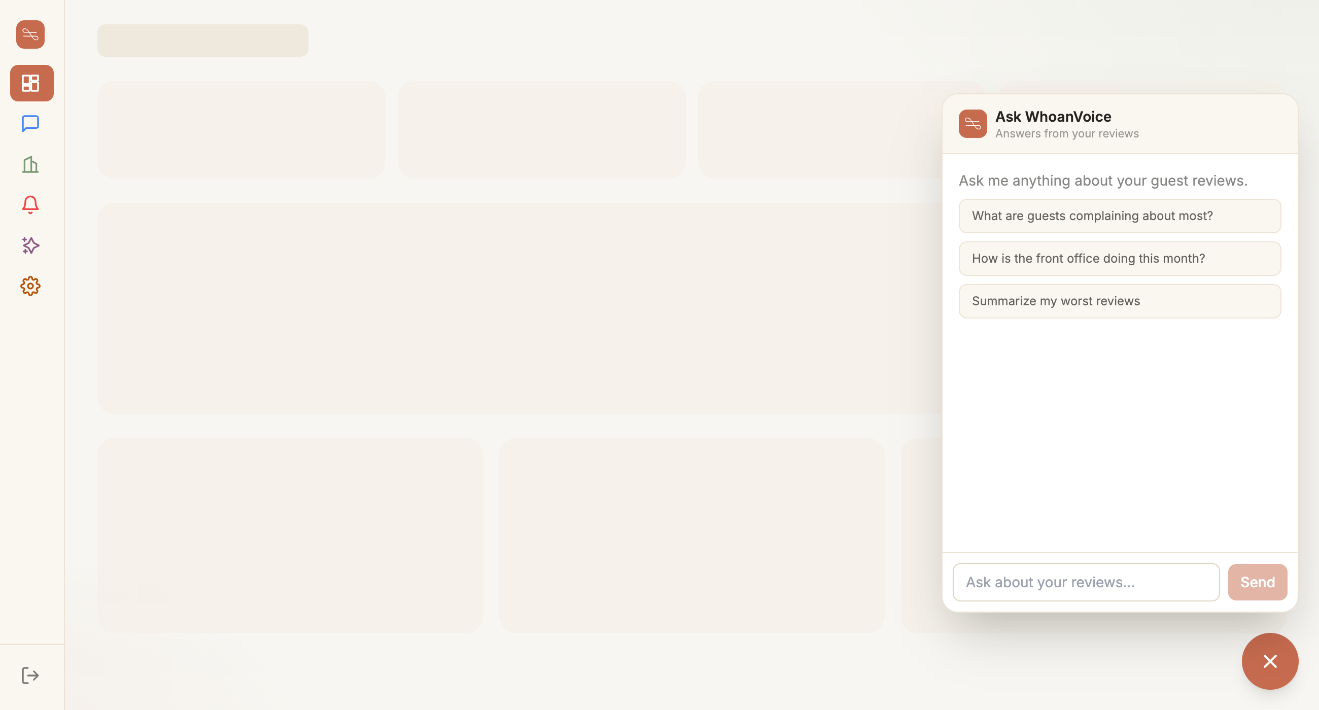 Ask WhoanVoice chat — suggested questions like 'What are guests complaining about most?'