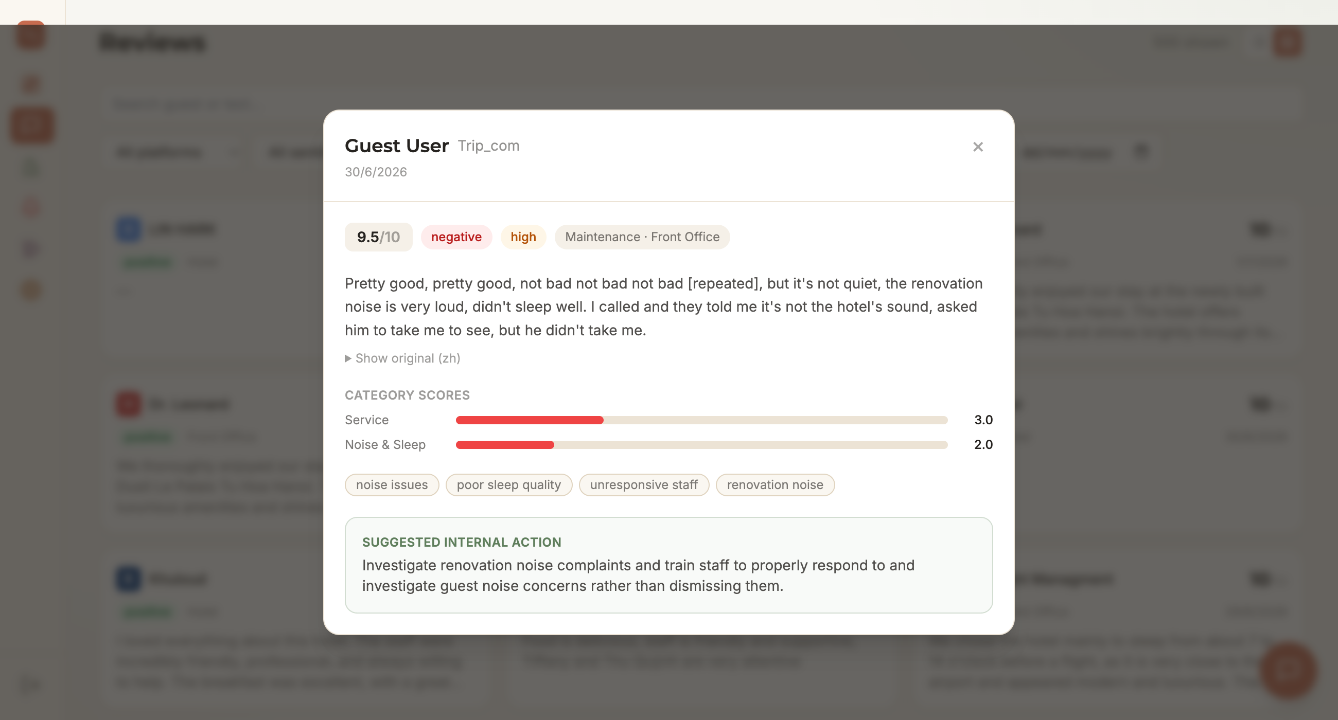 A guest review auto-translated to English, with sentiment, severity, category scores, tags and a suggested internal action